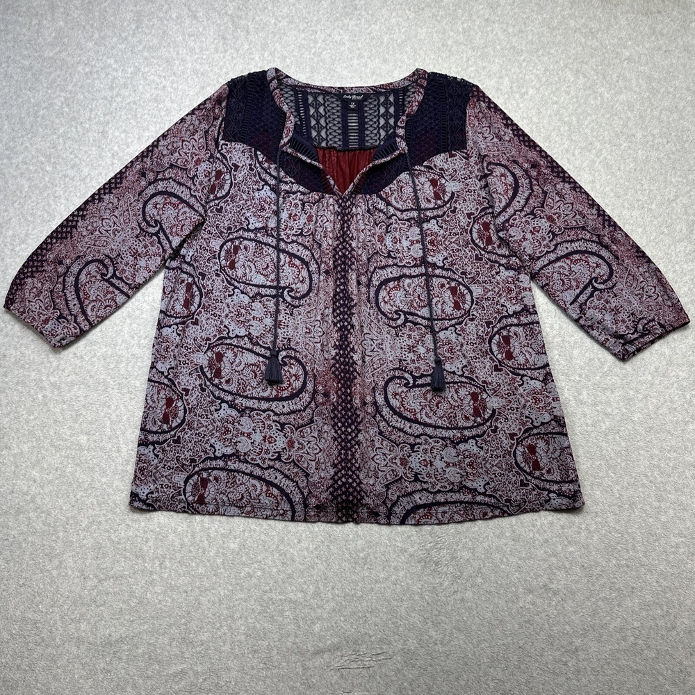 Lucky Brand Top Plus 1X Blue Red Paisley Tassel Lace Detail Casual Boho Chic